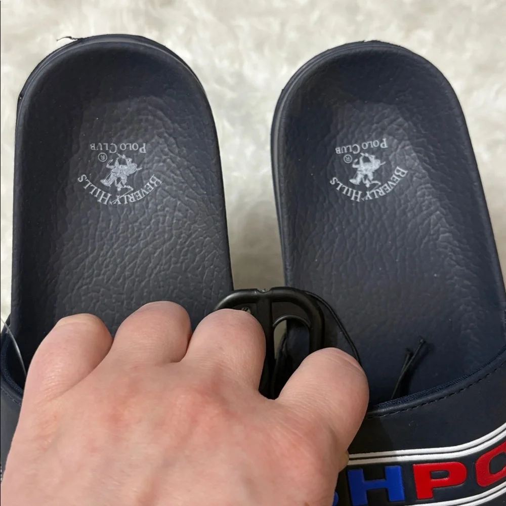 NWT Beverly Hills Polo Club Navy Blue Youth Size 2 Slide On Sandals